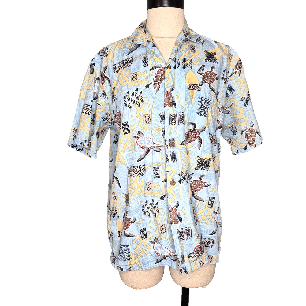 Ho Aloha Shirt Mens Medium Blue Turtle Hawaiian Short Sleeve Button Front Casual